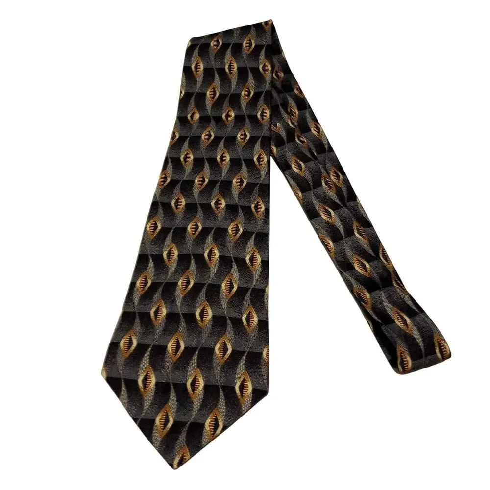 Louis Roth Mens Silk Tie Grey Blue Gold Geometric Diamond Pattern Woven‎ Classic
